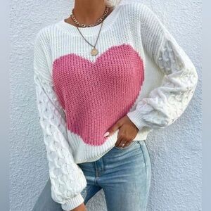 PINK HEART Chunky Cream Crew Neck Chenille Sweater with Honeycomb Sleeves MEDIUM